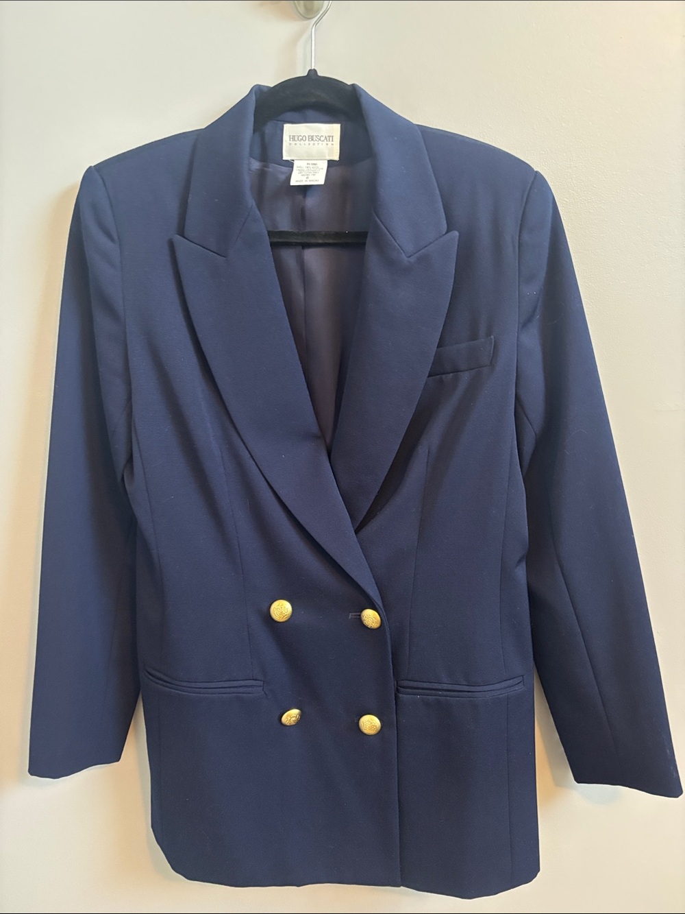 Vintage Woman’s Hugo Buscati Navy Double-Breasted Blazer with Gold Buttons